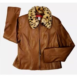 ANNE KLEIN Soft LEATHER JACKET Womens 6P Brown Removable Leopard Collar EUC